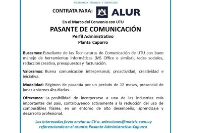 Pasantías en ALUR: llamado para estudiantes de tecnicaturas de comunicación y audiovisuales de UTU