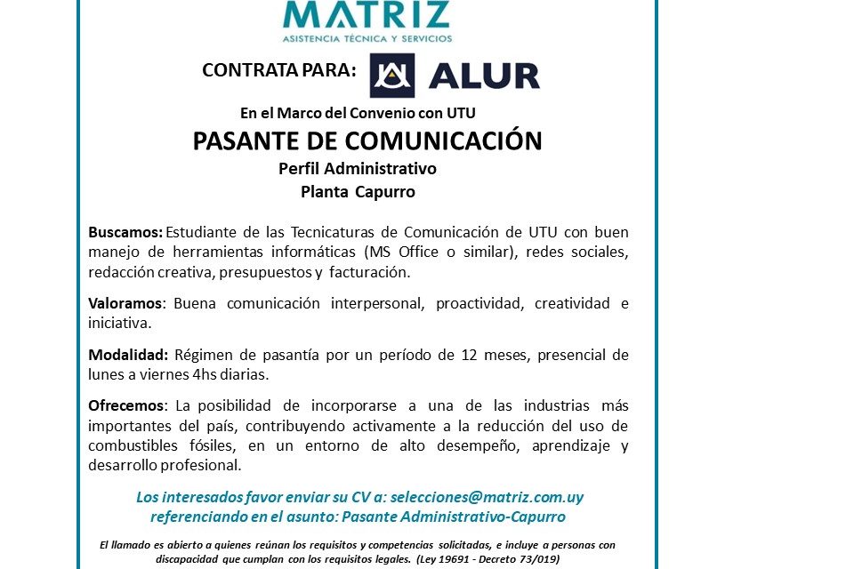 Pasantías en ALUR: llamado para estudiantes de tecnicaturas de comunicación y audiovisuales de UTU