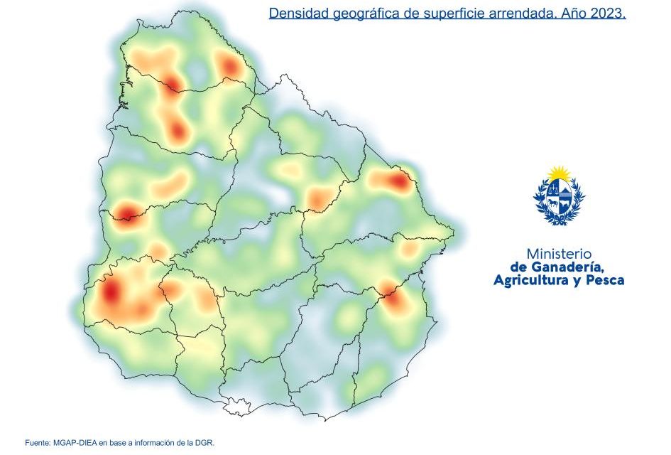 ¿Cuáles fueron los departamentos con más superficie arrendada en 2023?